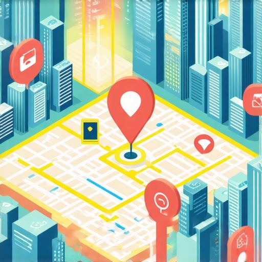 Futuristic cityscape showcasing digital maps and local search icons.