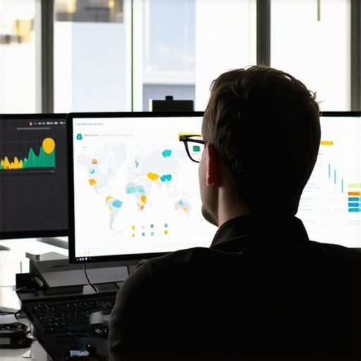 Marketing professional analyzing local SEO data across multiple screens with maps and charts.