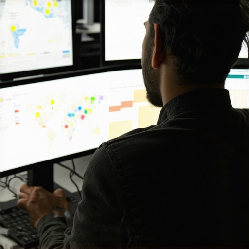 A marketer analyzing local SEO performance metrics on multiple digital screens.