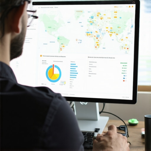 Business owner reviewing local SEO analytics on a laptop with maps and data charts.