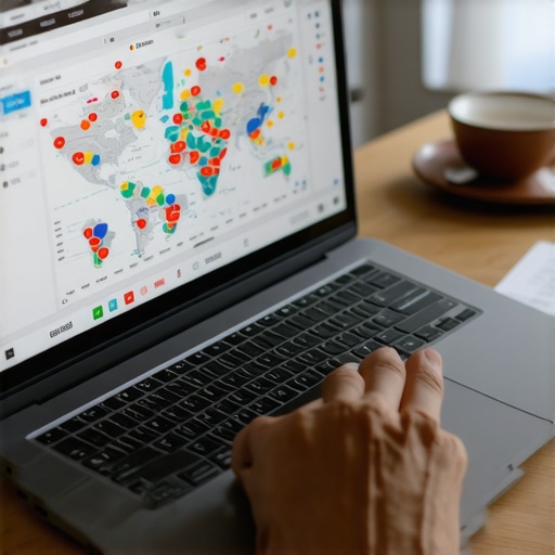 Business owner reviewing local SEO analytics on a laptop with maps and engagement data.