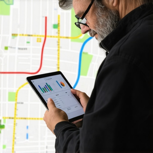 Business owner analyzing local SEO analytics on a tablet with city map background