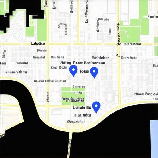 Detailed urban neighborhood map showing business locations, landmarks, and geospatial data overlays