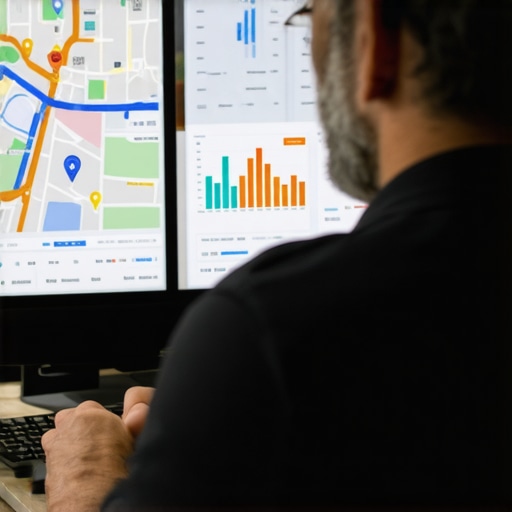Business owner analyzing local SEO analytics and Google Maps rankings