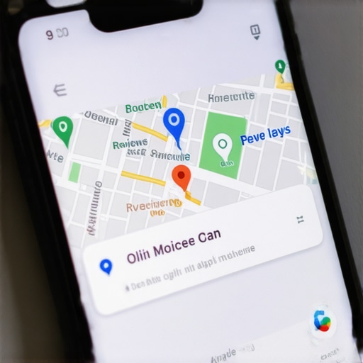 Voice search on mobile for local services, map and reviews, modern technology scene.
