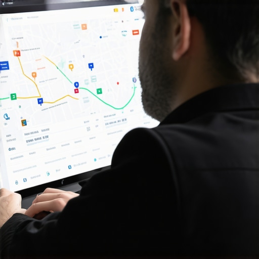 Business owner analyzing local SEO data with AI tools on computer