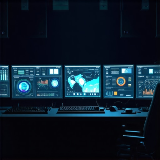 Futuristic control room with multiple screens displaying local SEO data and AI analytics.