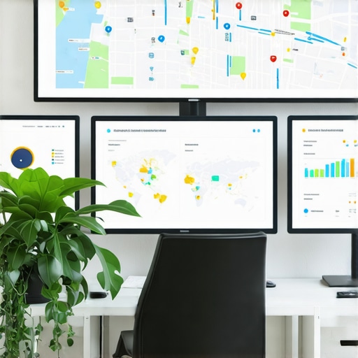 Office with screens displaying digital maps and SEO data