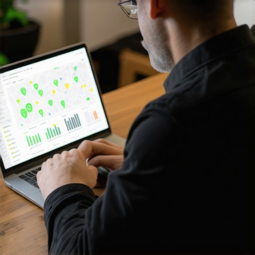 Analyzing Local SEO Performance for Map Rankings Business owner reviewing local SEO analytics on laptop.
