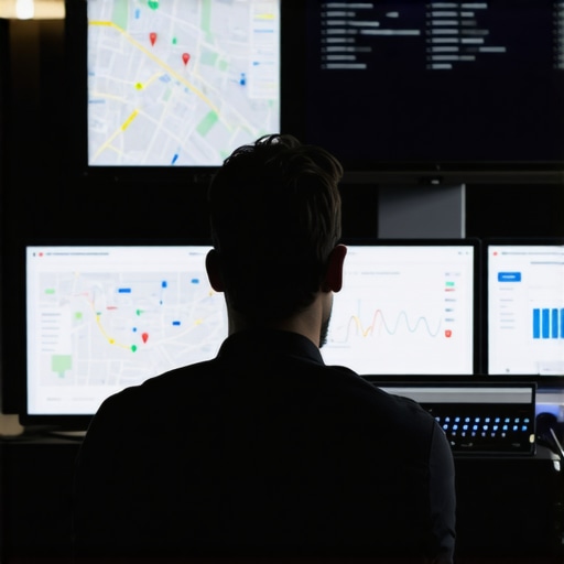 Digital marketer reviewing local SEO analytics with maps and graphs