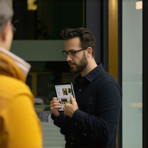 Interactive Virtual Tour Engagement in Local Business Business owner viewing immersive virtual tour on tablet to enhance local presence.