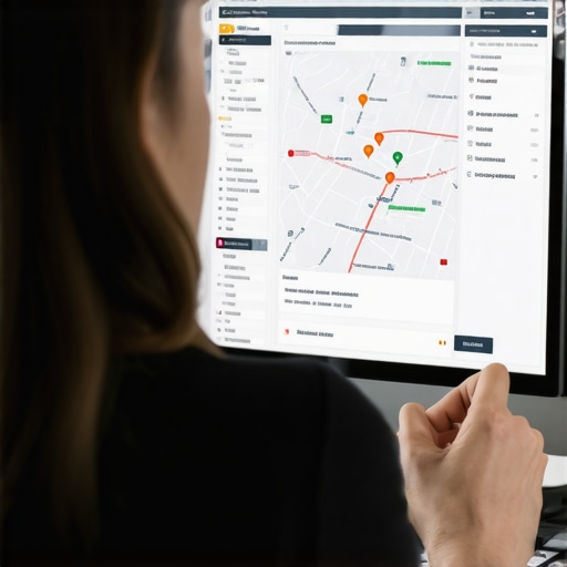 Local SEO Optimization A person working on local SEO strategies on a laptop with maps and analytics.