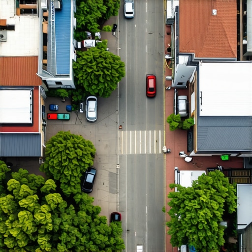 Drone aerial photograph of a vibrant neighborhood with prominent local businesses and community spaces.