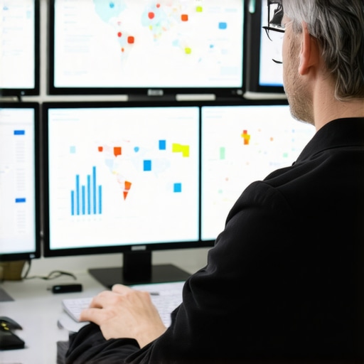 A professional SEO analyst examining local search performance metrics on computer screens.