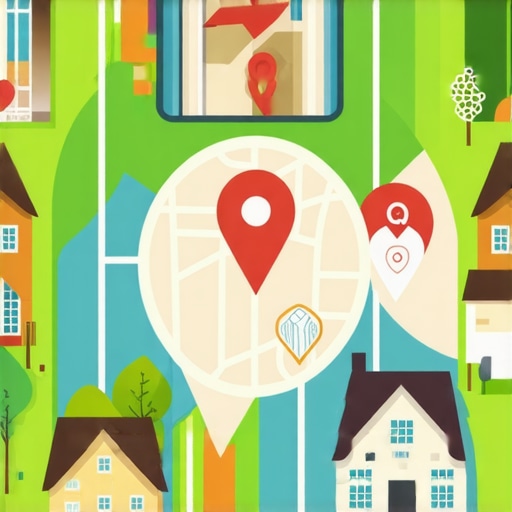 Illustration of local businesses integrated with voice search technology and digital maps