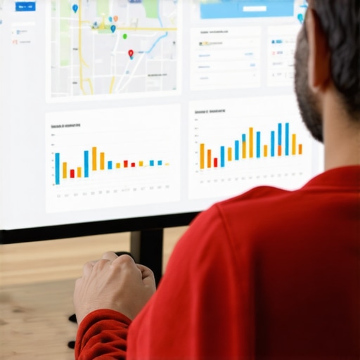 Digital marketer reviewing local SEO performance data with maps and analytics