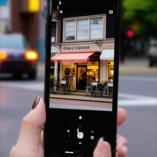 Augmented Reality in Local Business Marketing Person using augmented reality app to explore local business in a city neighborhood