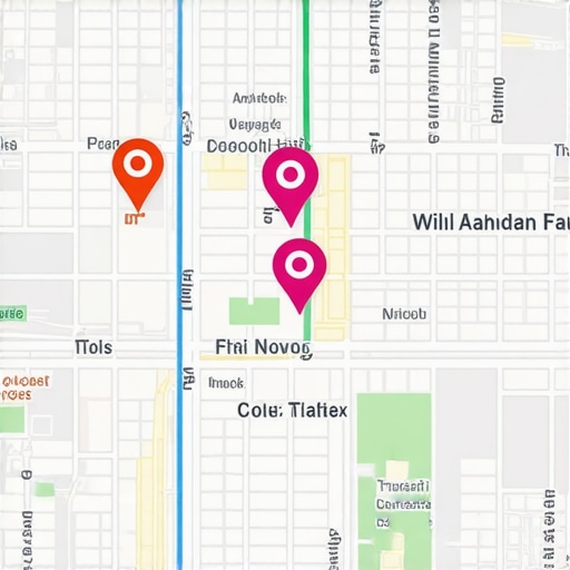 Data-Driven Local Map Optimization A digital illustration showing an interactive local map with analytics and engagement signals