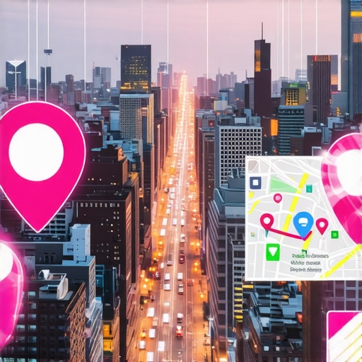 .Cityscape with augmented reality map overlays highlighting local business locations.