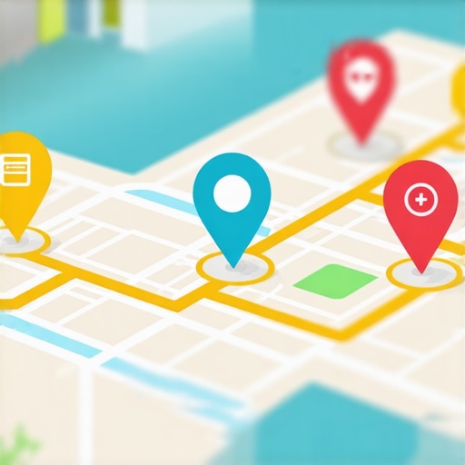 Illustration of interconnected IoT devices and digital signals enhancing local map rankings.