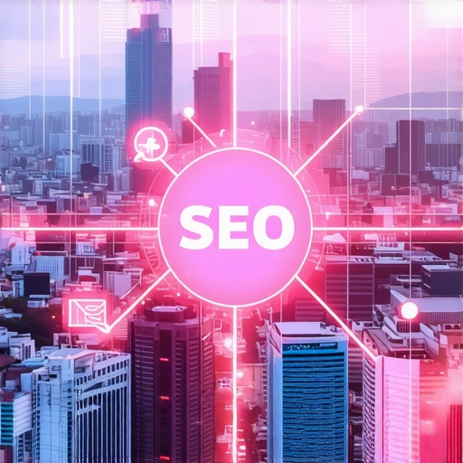 Futuristic city map with digital signals representing local SEO metrics and analytics.