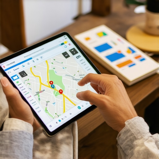 Business owner reviewing digital maps and analytics on a tablet.