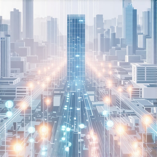 A digital illustration of a city with interconnected points representing local businesses with AI signals overlay