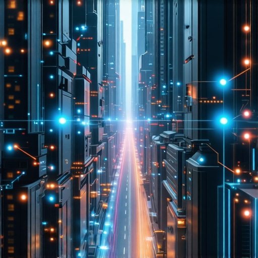A cityscape showing interconnected local businesses with digital signals representing AI-driven map ranking signals.