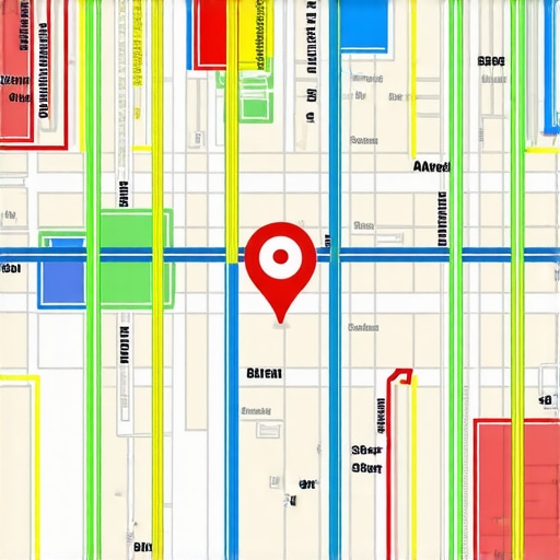 A high-tech map displaying augmented reality features highlighting local businesses and geo-fencing zones.