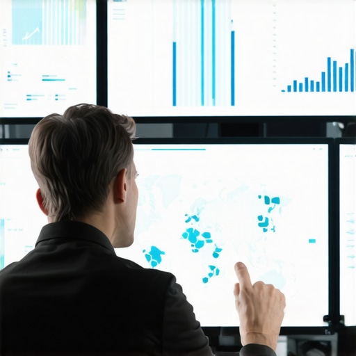 Business professional analyzing geospatial data visuals on screens