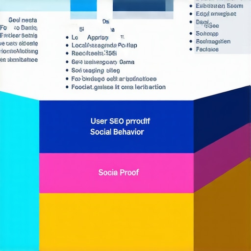 Infographic illustrating layers of local SEO signals including map rankings, user engagement, social proof, and geo-tagging.