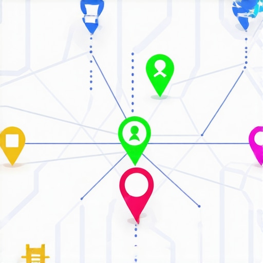 Futuristic digital map showing interconnected signals and local business icons representing SEO strategies.