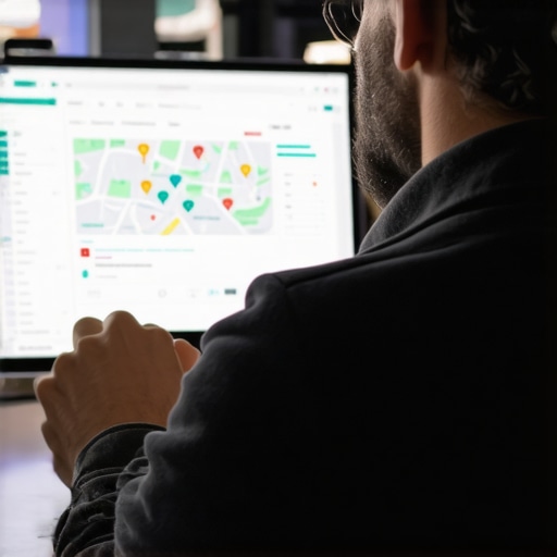 Business owner reviewing digital map analytics for local SEO