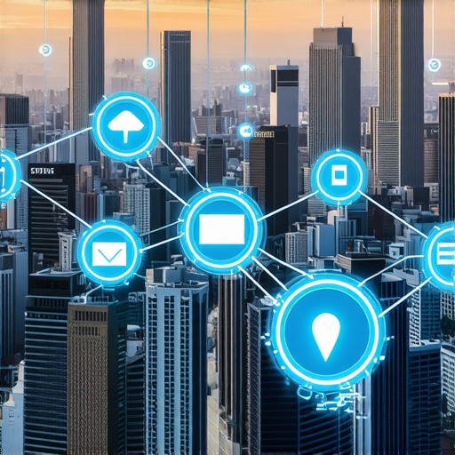 Cityscape with interconnected digital signals indicating micro-moments and local searches.