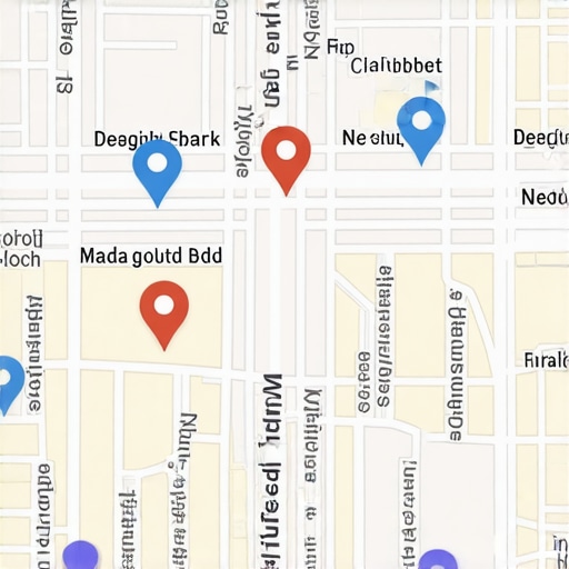 A detailed map showing neighborhood districts with digital markers representing local content strategies.