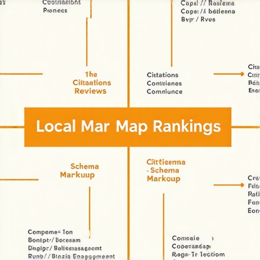 Infographic illustrating key elements that boost local map search rankings, like citations, reviews, and schema.