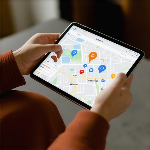 Business owner analyzing local search analytics on a tablet with a city map in the background.