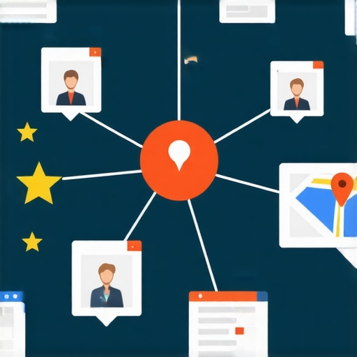 Illustration depicting local business profiles connected by signals like reviews and photos boosting search visibility.