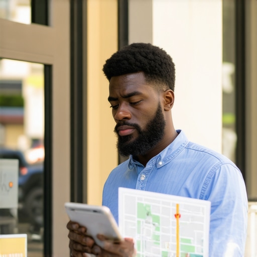 Business owner interacting with customers in front of storefront with map overlay.