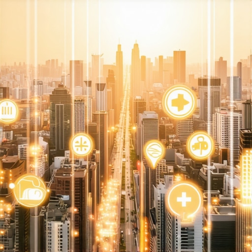 Cityscape with IoT sensors and digital geolocation signals demonstrating local signal optimization.