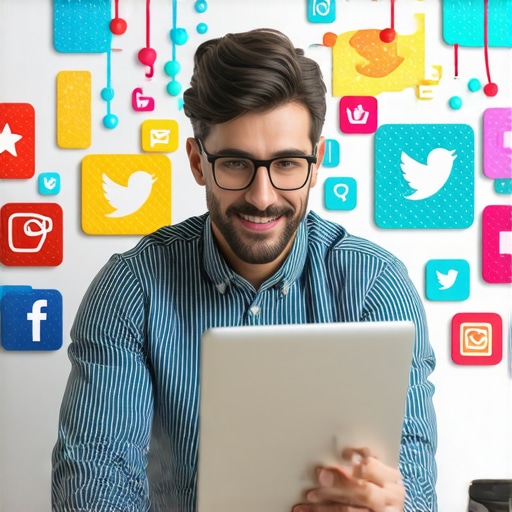 Business owner interacting with customers online with review and social media icons.