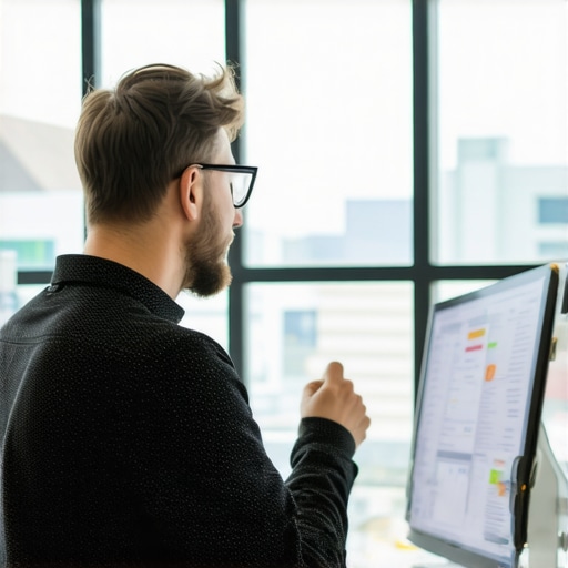 A person analyzing computer screens displaying local SEO and map ranking data in an office environment