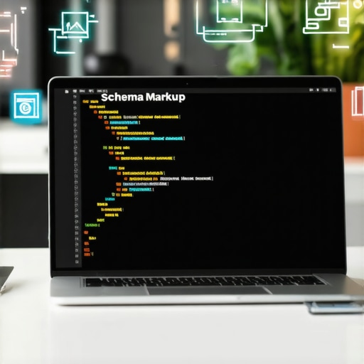 Laptop screen displaying schema code surrounded by local business icons.